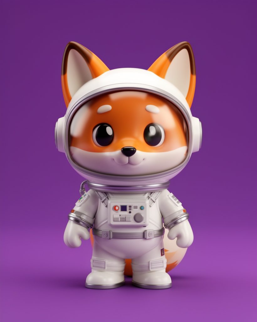 Glossy toy figure of an astronaut fox on a purple background