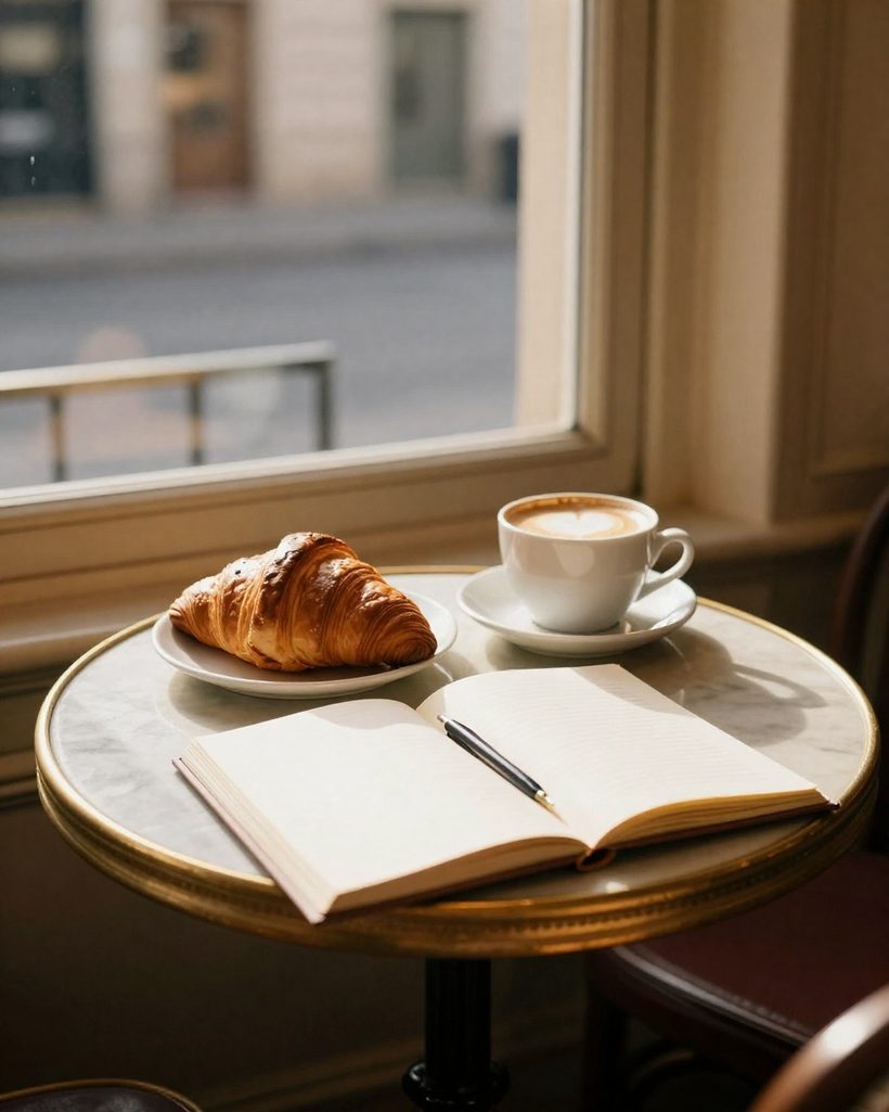 Cafe table with a croissant, cappuccino and notebook by the window
