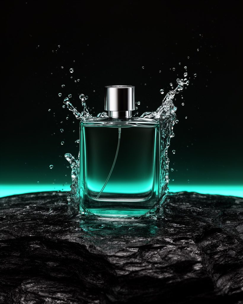 Perfume bottle on wet black stone with frozen water splashes