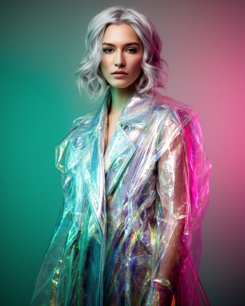 Fashion portrait of a woman with silver hair in an iridescent coat