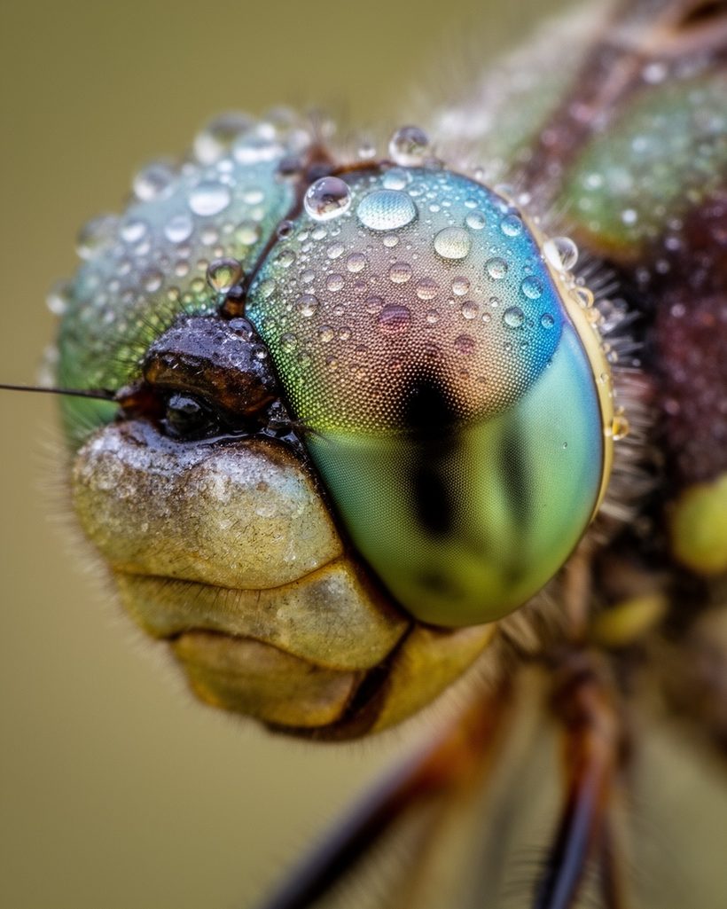 Extreme close-up of a dragonfly eye covered in dew